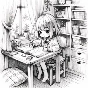 イラスト：小さい女の子が自分の部屋の机でノートを開いて勉強している