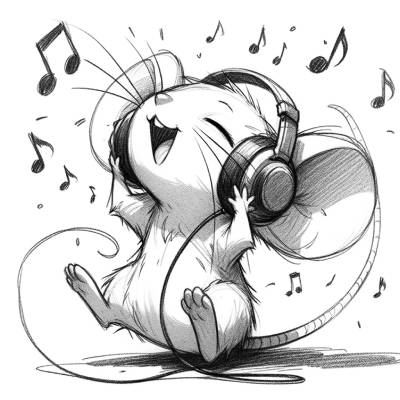 イラスト：音楽を聞いても驚かずに楽しんでいるネズミ