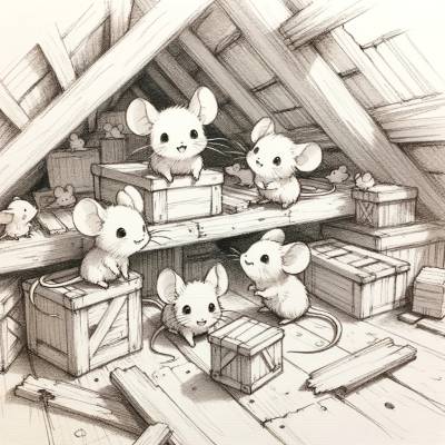 イラスト：5匹のネズミが屋根裏で遊んでいる様子