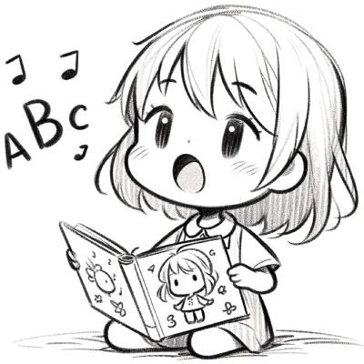 イラスト：ABCソングを歌いながら英語の本を読んでいる女の子