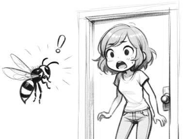イラスト：玄関を出たらスズメバチに遭遇して驚いている女性
