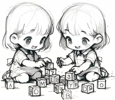 イラスト：アルファベットの書かれた積み木を重ねて遊んでいる姉妹
