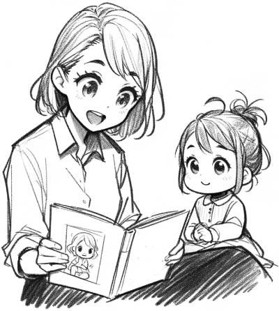 イラスト：英語の本を読み聞かせしている母親と女の子