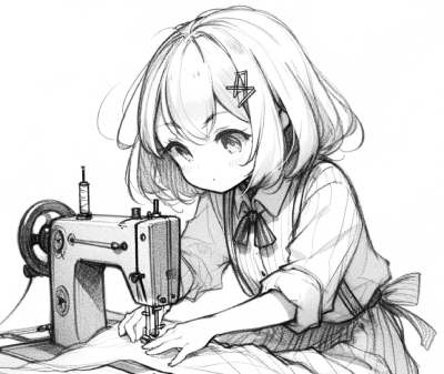 イラスト：真剣にミシンで布を縫っている女の子