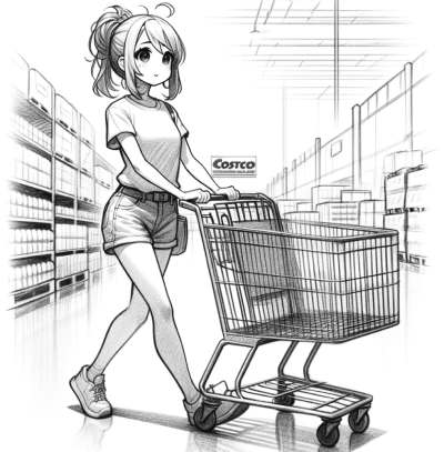 イラスト：大きなショッピングカートを持ってコストコで買い物を楽しむ女性